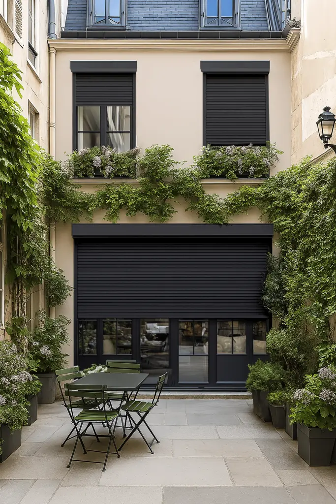 façade de maison, volet roulant noir